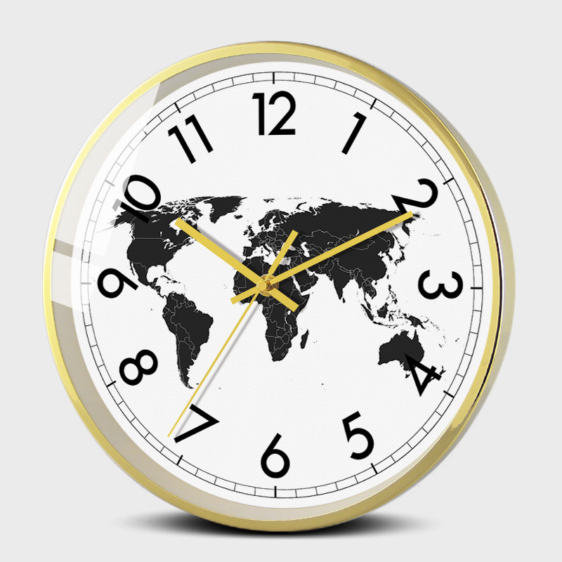 世界时钟-简约现代酒店大堂世界地图时区挂钟 圆形钟表时钟047