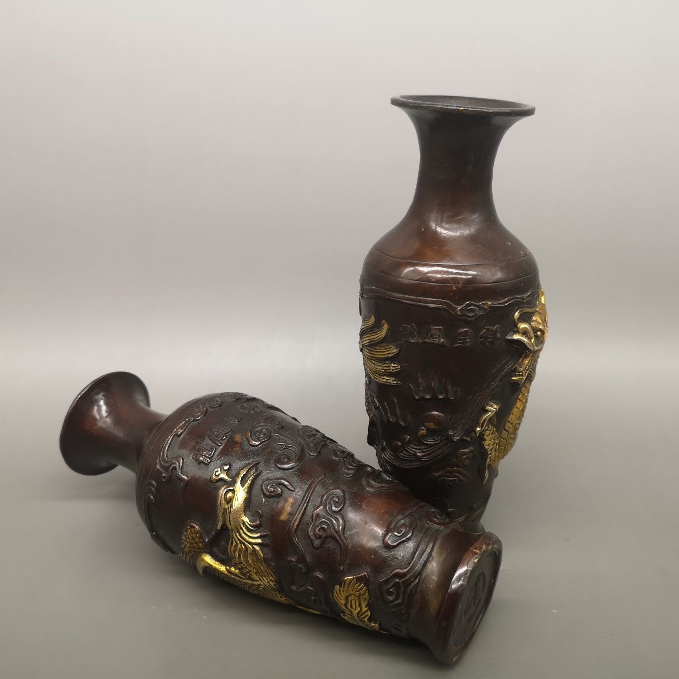 古董古玩 做旧仿古黄铜 仿铜鎏金龙凤花瓶摆件 家居客厅装饰摆设