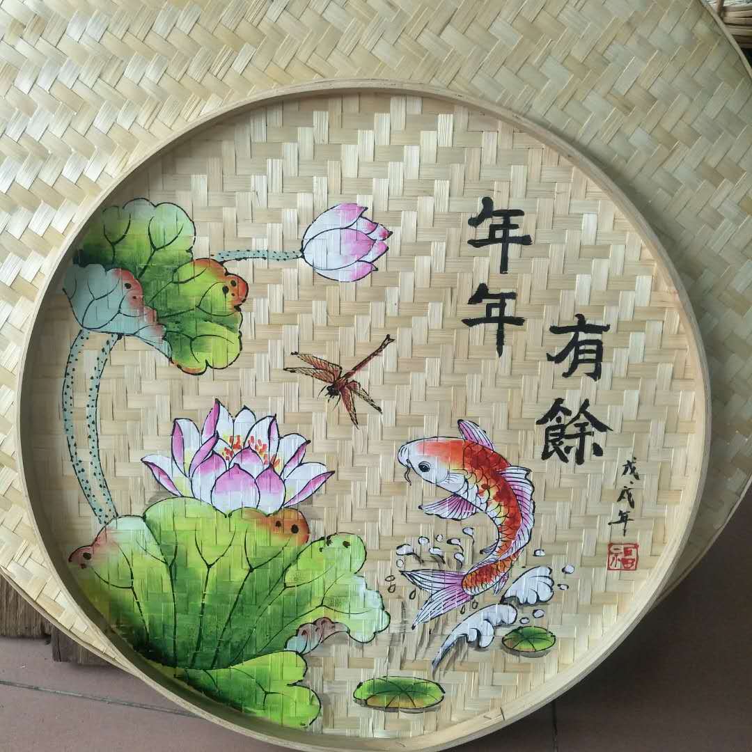 纯手绘竹簸箕画竹匾竹筛竹编创意彩绘画竹筐农家乐火锅店复古装饰