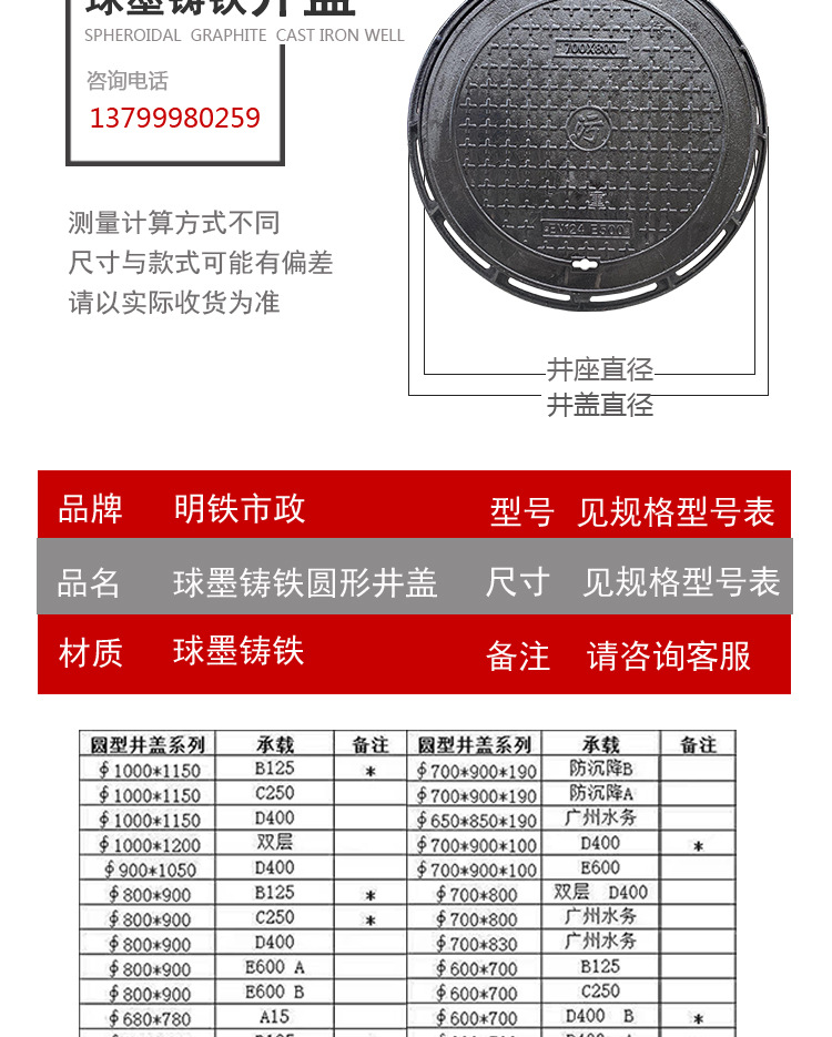 球墨铸铁井盖雨水污水沙井盖弱电井盖下水道盖圆形窨井盖700×800