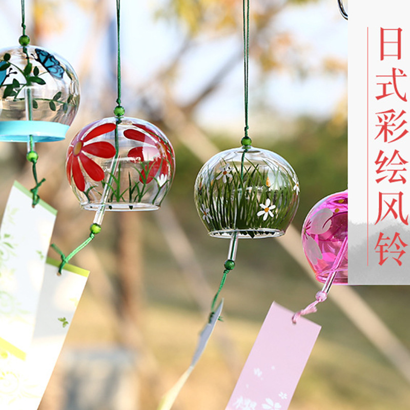 供应玻璃风铃 日式彩绘风铃 蝶恋枝玻璃车饰工艺品 创意家居挂件