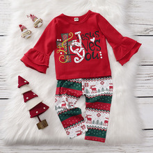 亚马逊热卖秋款圣诞款套装小童装喇叭袖特色印花字母两件套装