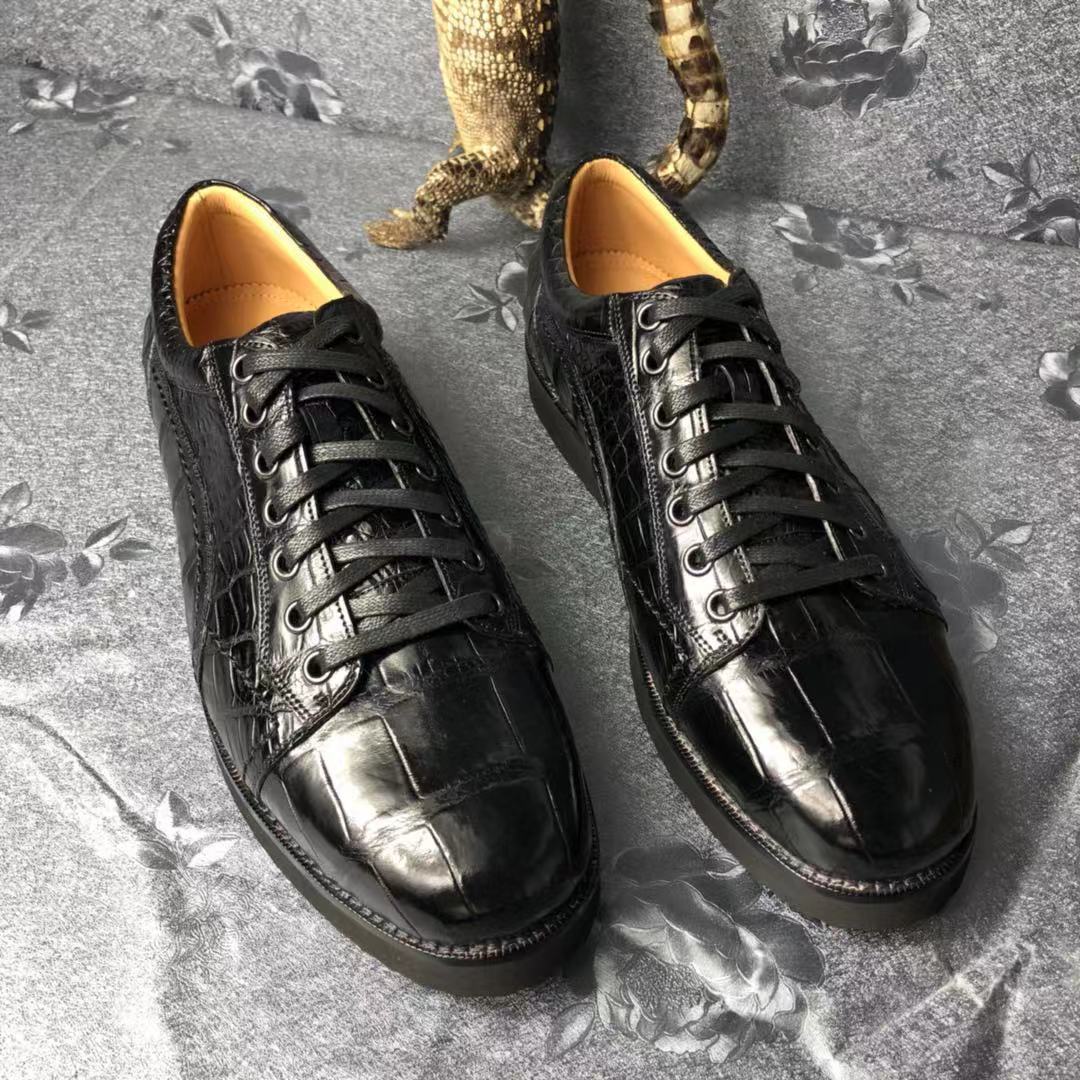 进口暹罗鳄肚皮男士绑带休闲鞋 超轻鞋底现货 新款黑色鳄鱼皮男鞋