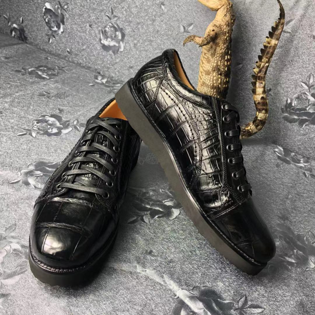 进口暹罗鳄肚皮男士绑带休闲鞋 超轻鞋底现货 新款黑色鳄鱼皮男鞋