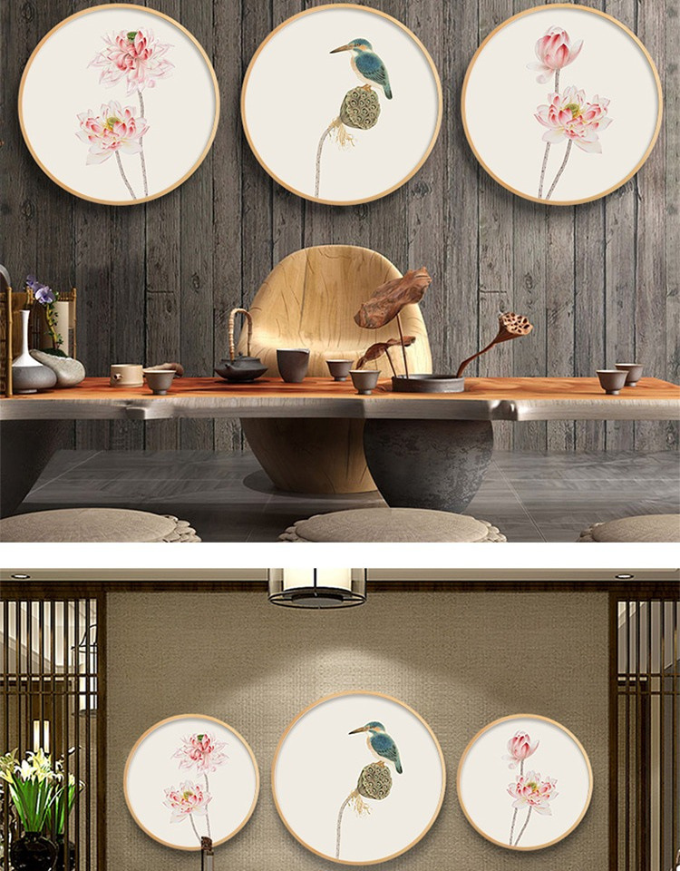 新中式客厅挂画圆形装饰画玄关抽象水墨荷花画走廊餐厅禅意壁画