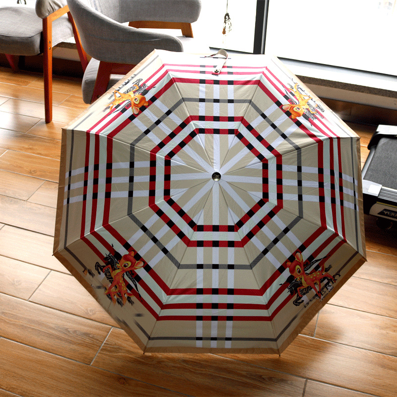 小鹿潮牌雨伞灯三折叠全自动防晒紫外线遮阳伞英伦格子高档太阳伞
