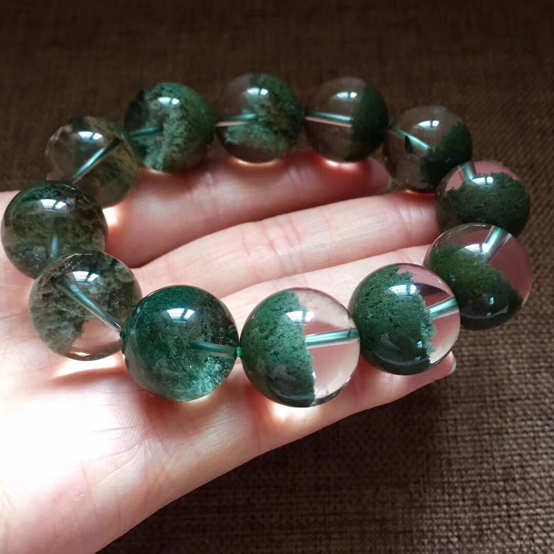 福寿 巴西天然18毫米绿幽灵聚宝盆手链 半盆微红皮 晶体干净