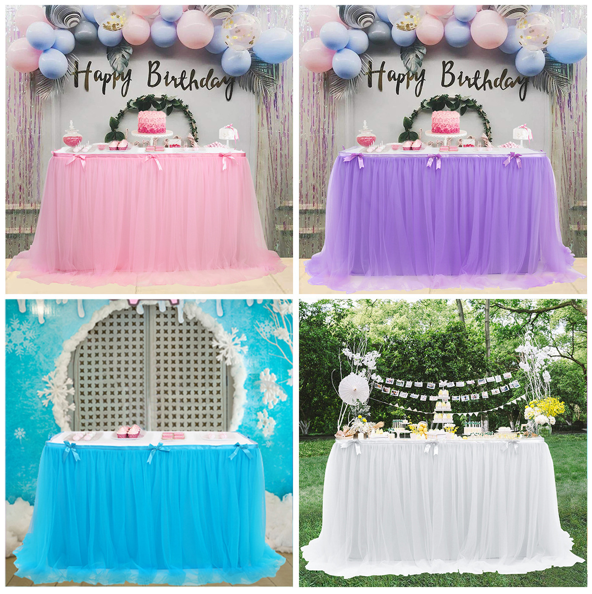 Amazon Hot Tutu Yarn Table Skirt Birthday Party Halloween Dessert Table Mesh Pleats Table Skirt