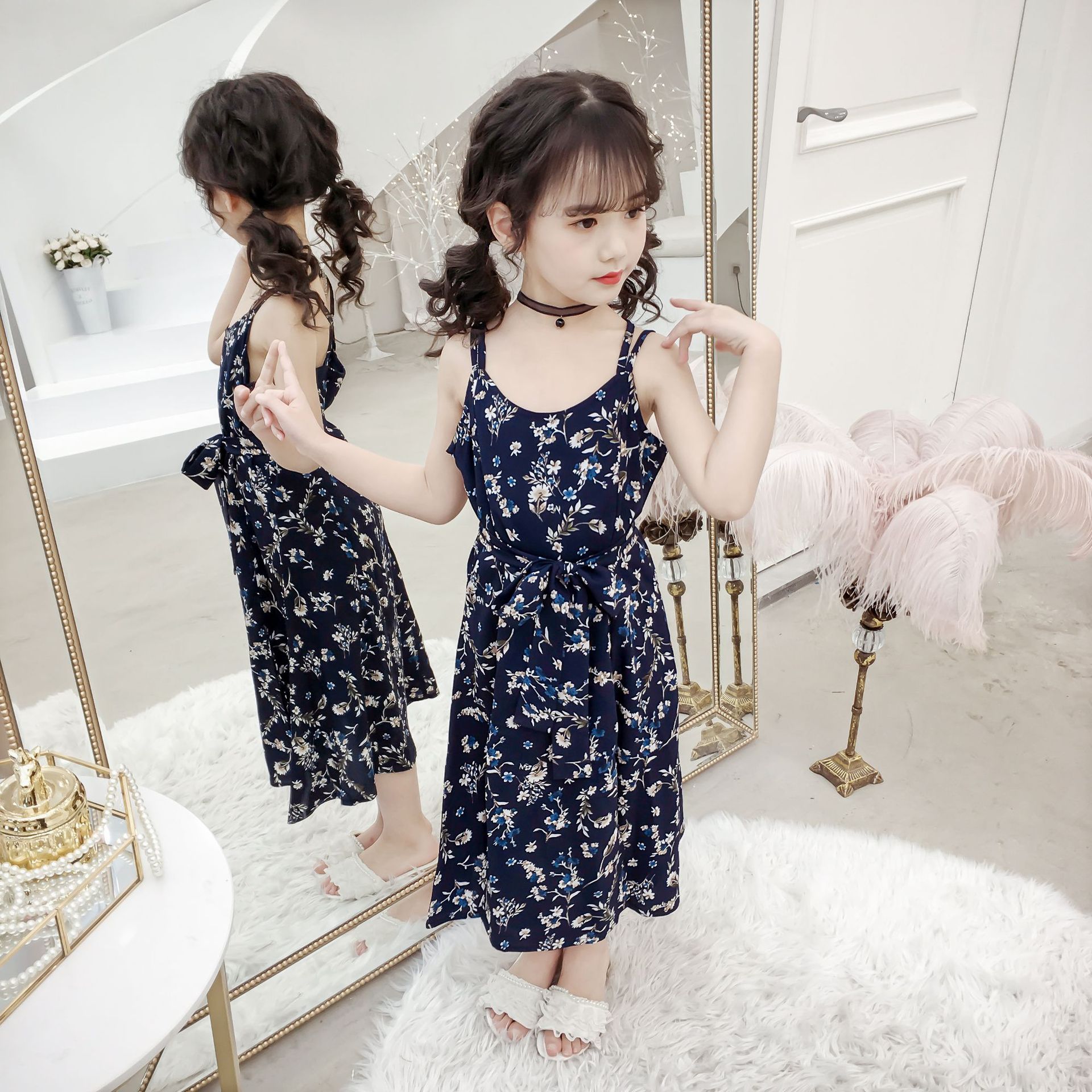 女童连衣裙小女孩碎花雪纺吊带裙幼儿园小学生夏天薄款长款裙子