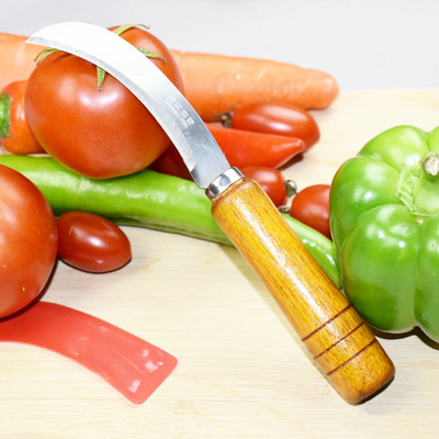 厂家直销 木柄不锈钢香蕉刀 木柄弯形菠萝刀 多功能水果刀