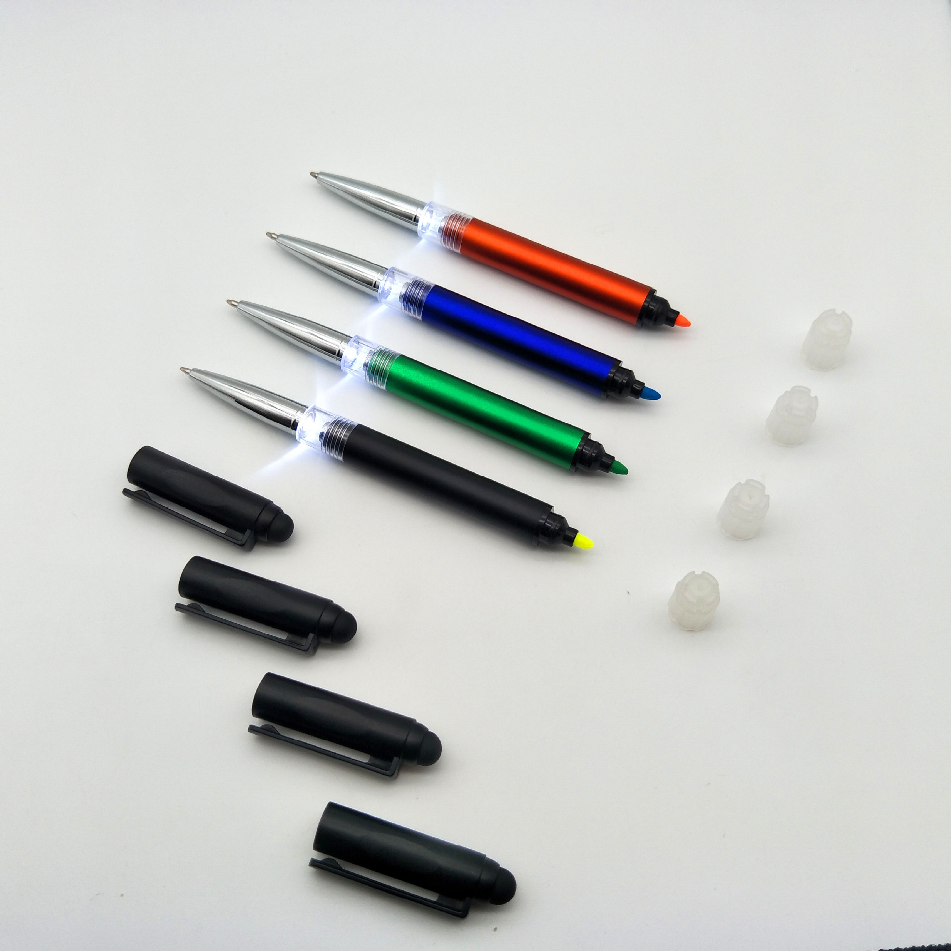 供应多色水彩荧光笔 彩杆带灯三合一圆珠笔 手写触屏笔 定制logo