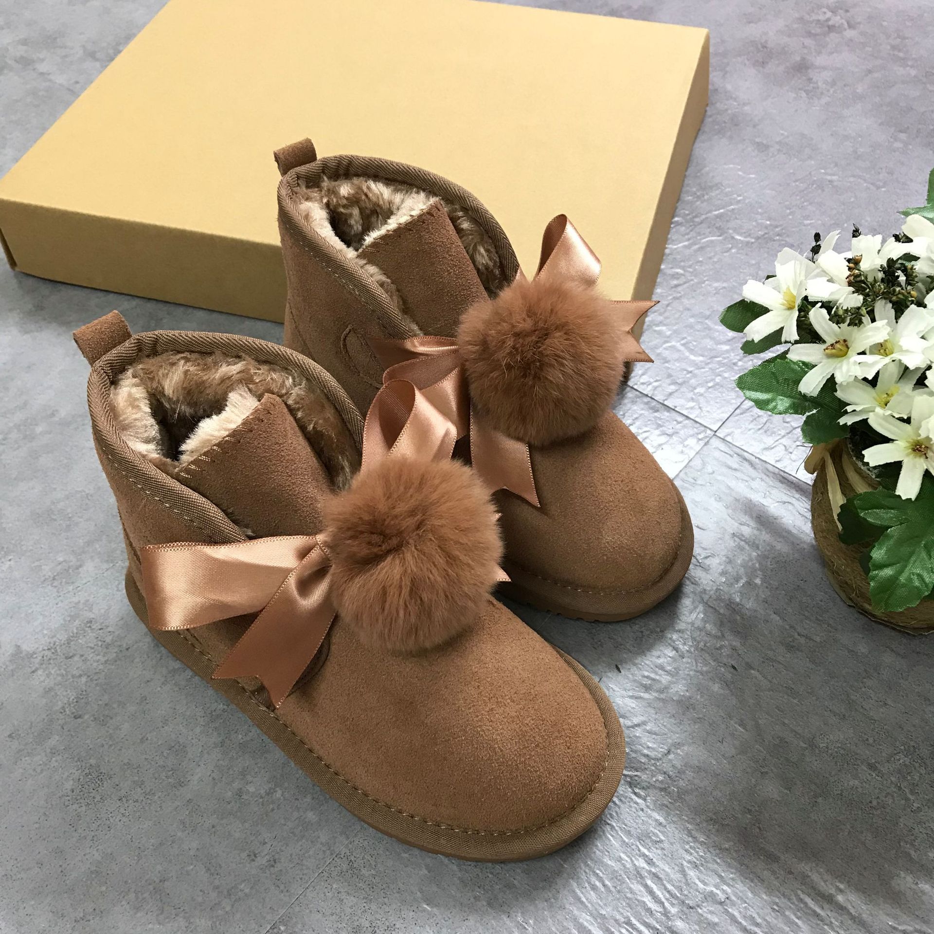 新款獭兔毛球 单毛球款 牛皮人造毛 雪地靴