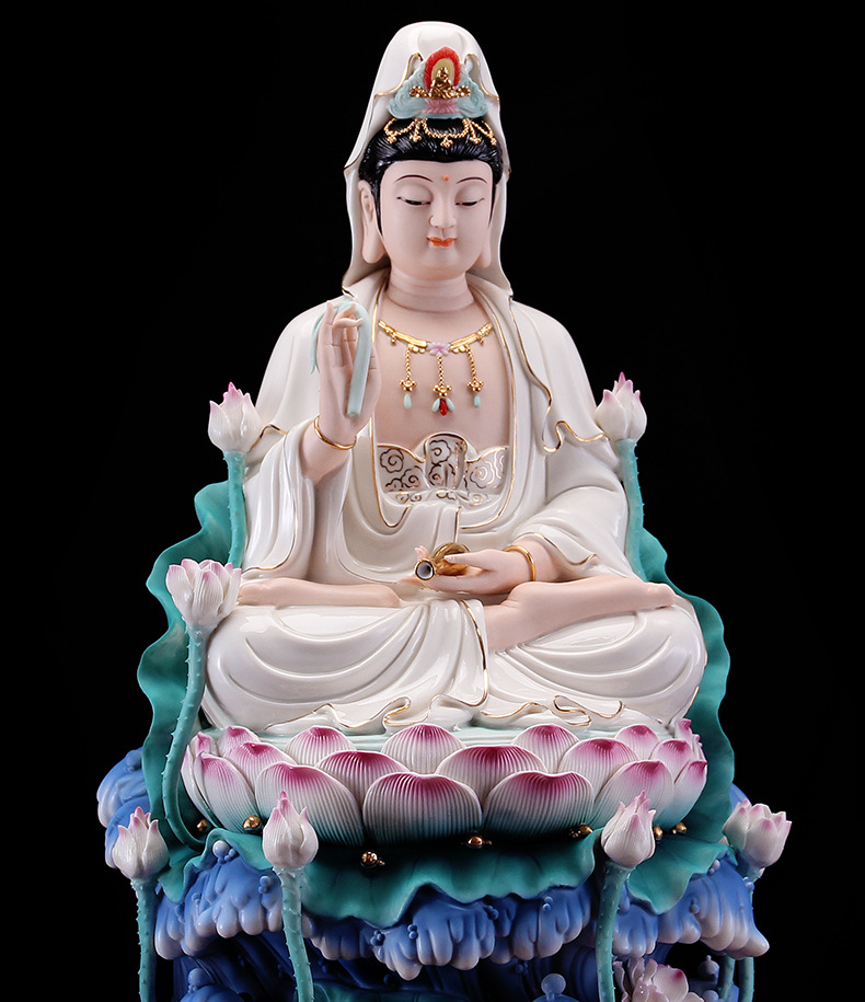 德化陶瓷坐莲观世音菩萨佛像镇宅供奉19寸九品莲花满彩摆件工艺品