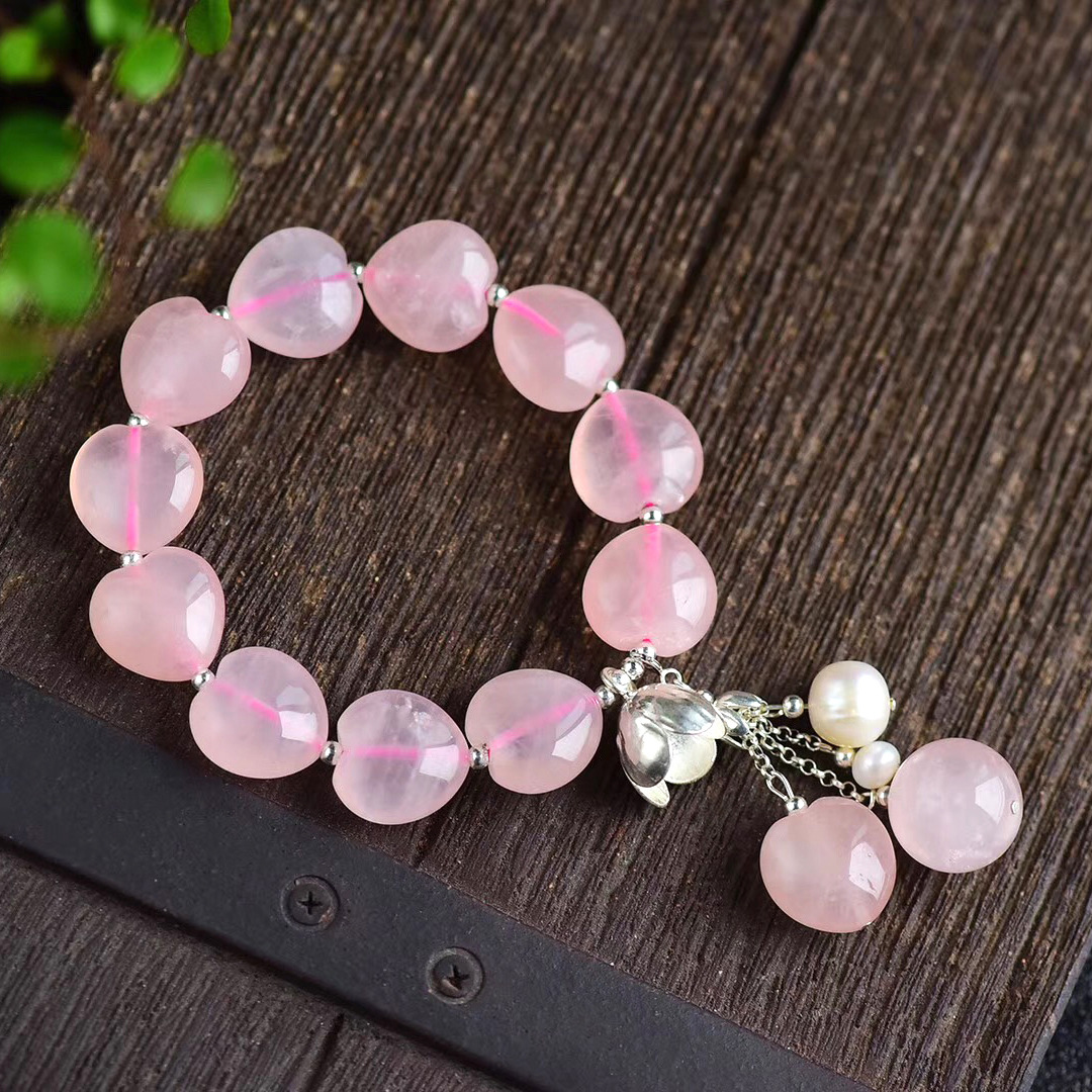 厂家直销天然粉水晶大颗粒爱心手链搭配银饰花朵单圈手串饰品春夏