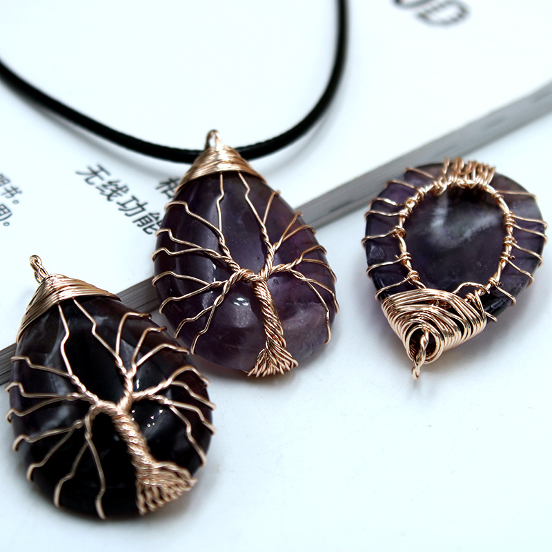 天然石生命之树吊坠项链女男式手工铜丝包裹水滴形首饰跨境欧美