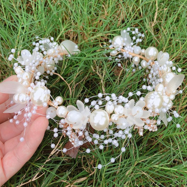 Denghou Bridal Hair Band New Pearl Flower Hair Band Hand-Woven Golden Leaf Headdress Children Headwear