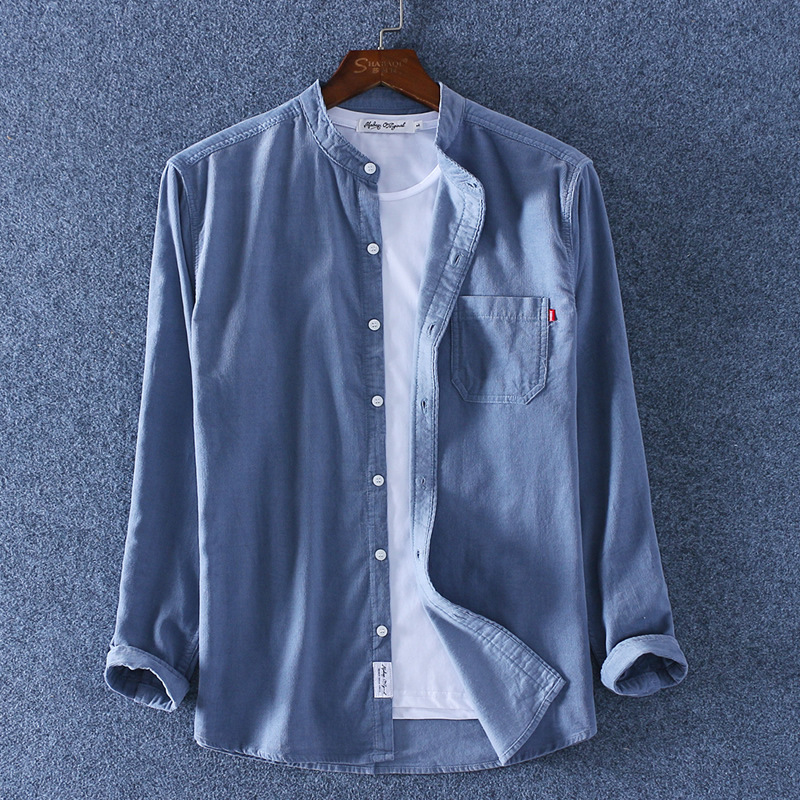 春季潮男装纯棉立领灯芯绒衬衫休闲男圆领条绒长袖衬衣上衣