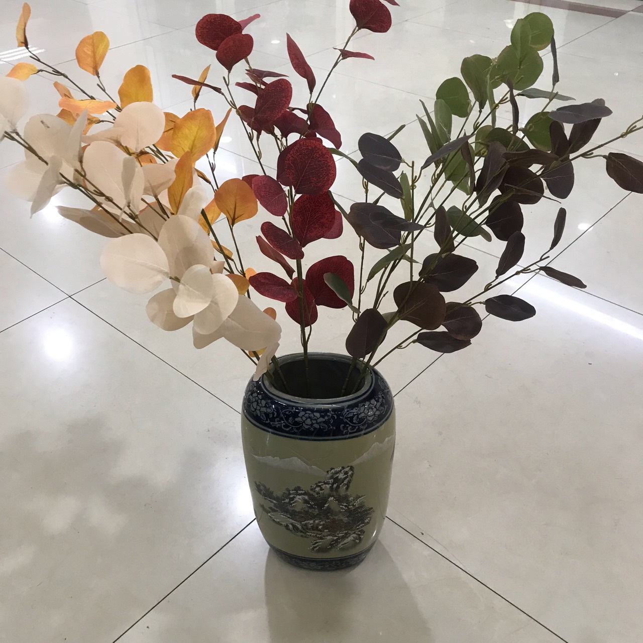 仿真尤加利 苹果叶 6叉高杆落地绢布婚庆布展 插花绿植摄影跨境