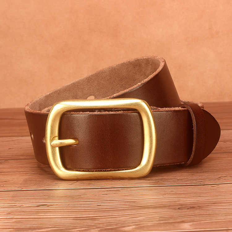 植鞣革皮带头层牛皮手工水洗男士皮带真皮复古牛仔百搭纯铜扣腰带