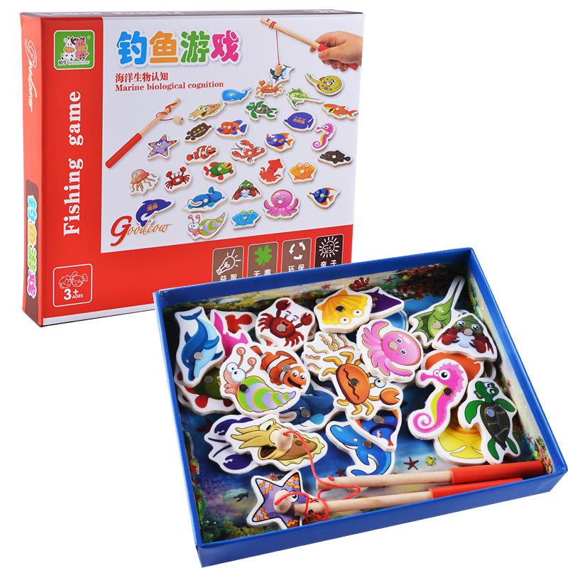 Factory Direct Sales Children's Early Education Wooden Magnetic 32 Pieces Double Rod Marine Life Cognition Fishing Parent-Child Interaction Toys