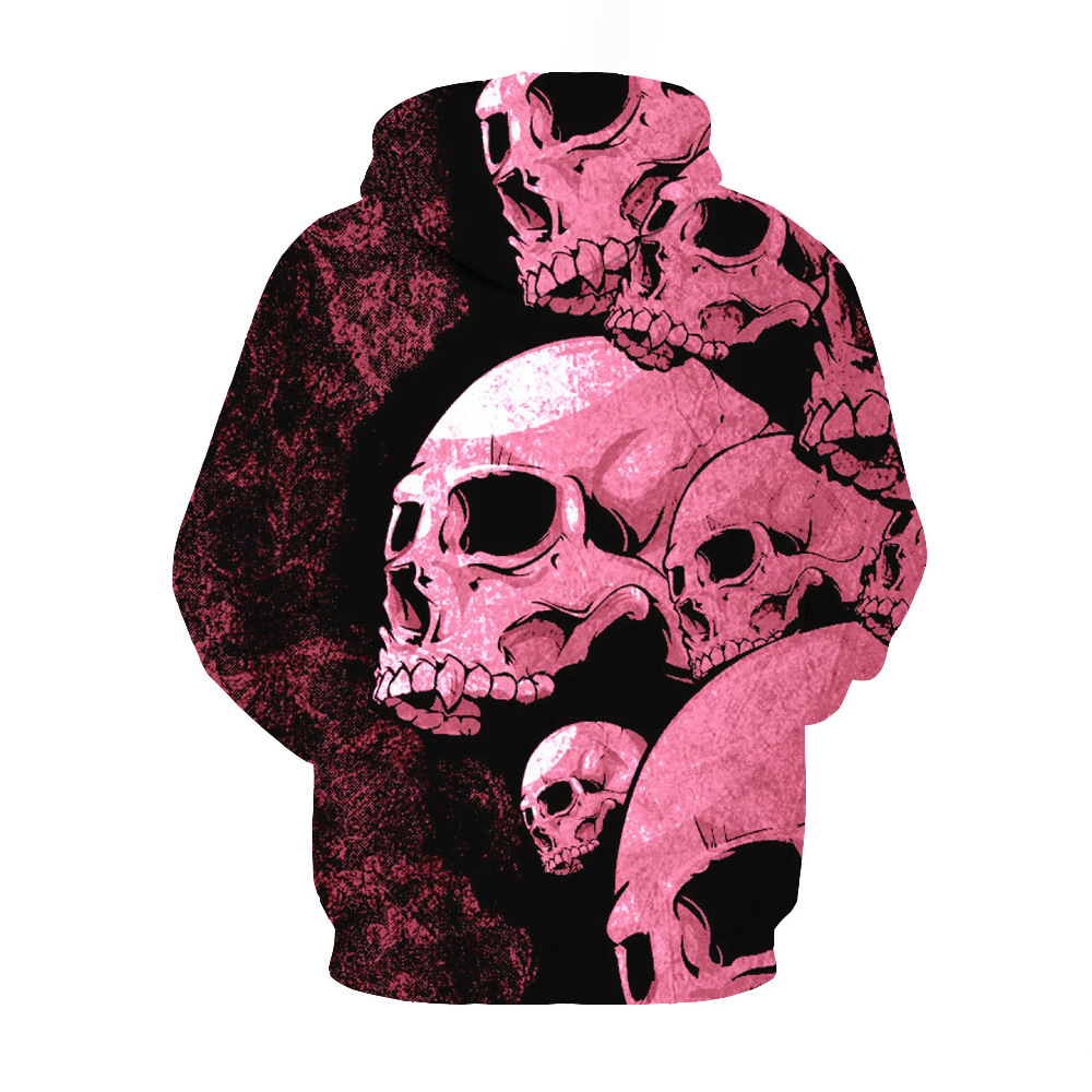 跨境供应3d数码印花粉色骷髅头男女休闲时尚连帽套头卫衣