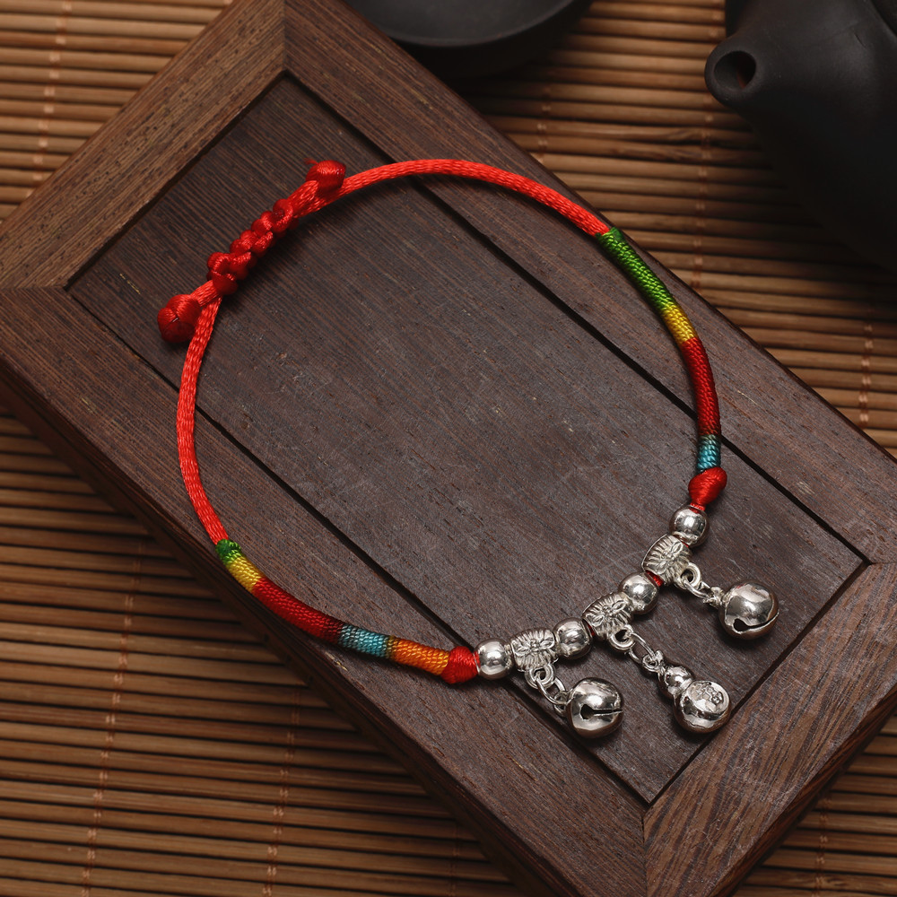 手工编织五彩线加铃铛长命锁手链儿童款绕线五彩绳手绳端午节