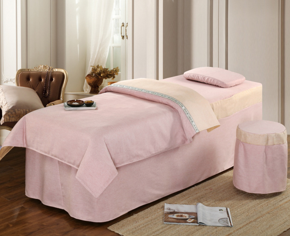 美容床罩四件套批发竹节棉欧式加厚纯色美容院棉麻按摩床罩