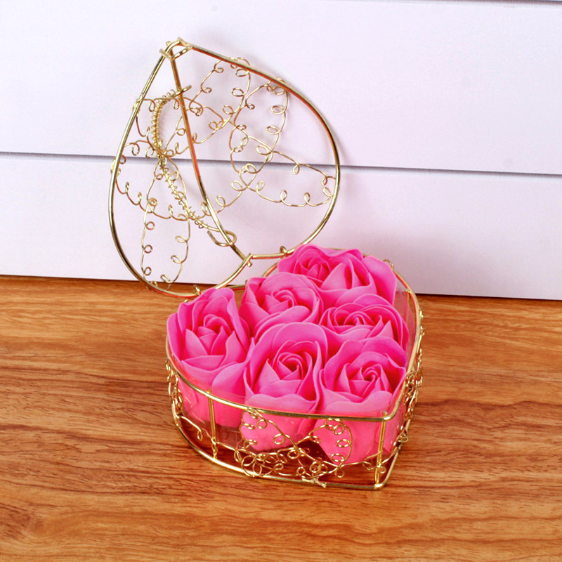 6 Flowers Iron Basket Soap Flower Women's Day Gift Roses Present for Client Creative Gifts Wedding Supplies Wholesale