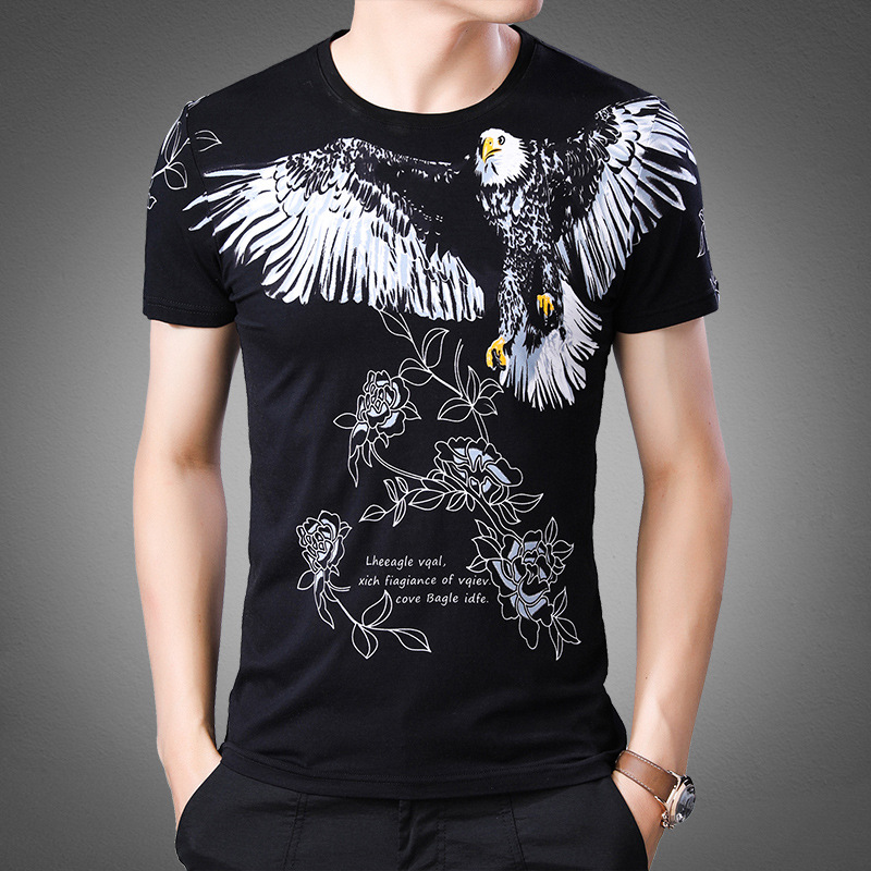 彩印坊玫瑰花印花t恤夏装男士休闲圆领短袖t青年半袖半截袖潮大码