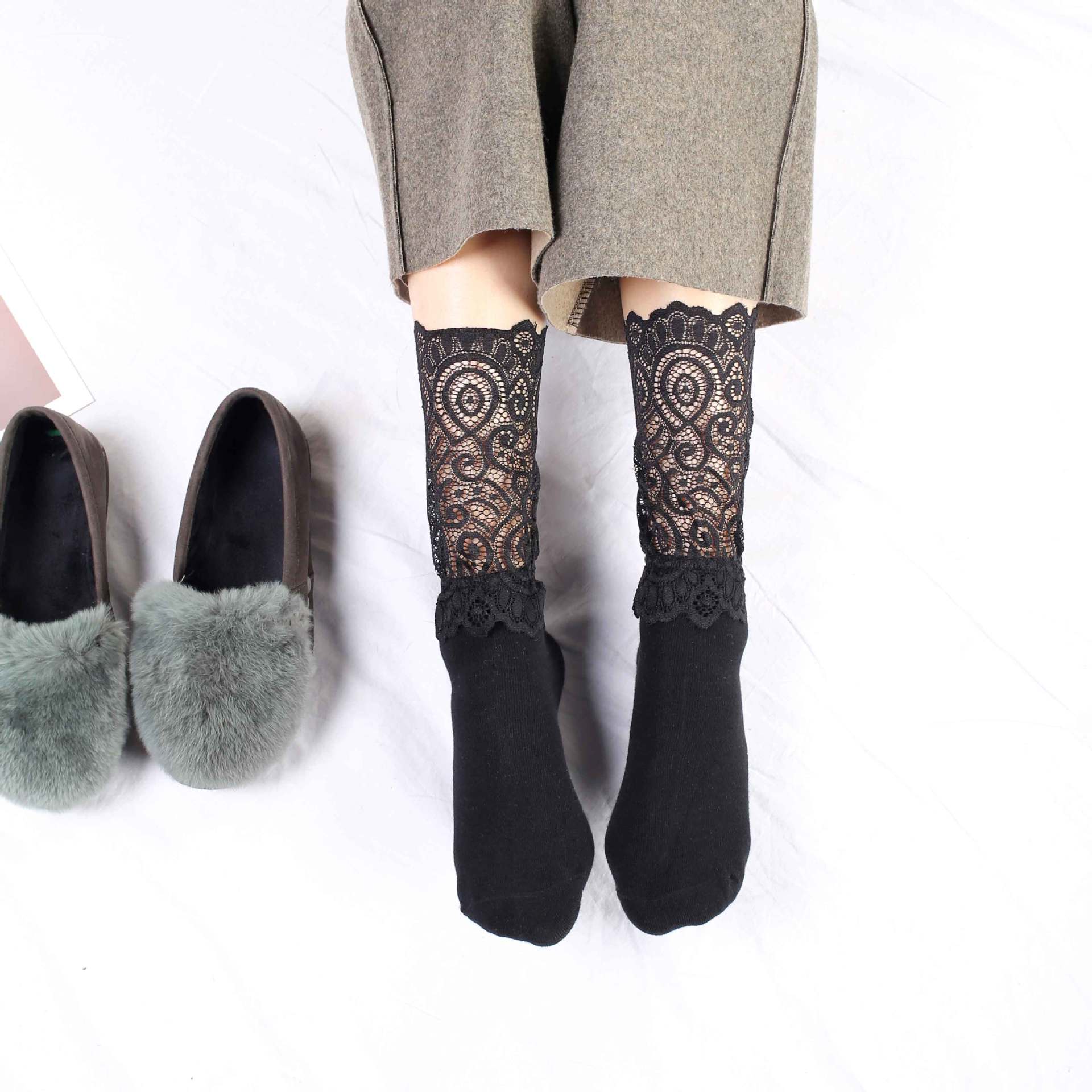 蕾丝袜子女秋冬薄款堆堆袜镂空蕾丝花边中筒袜ins潮袜日系纯棉春