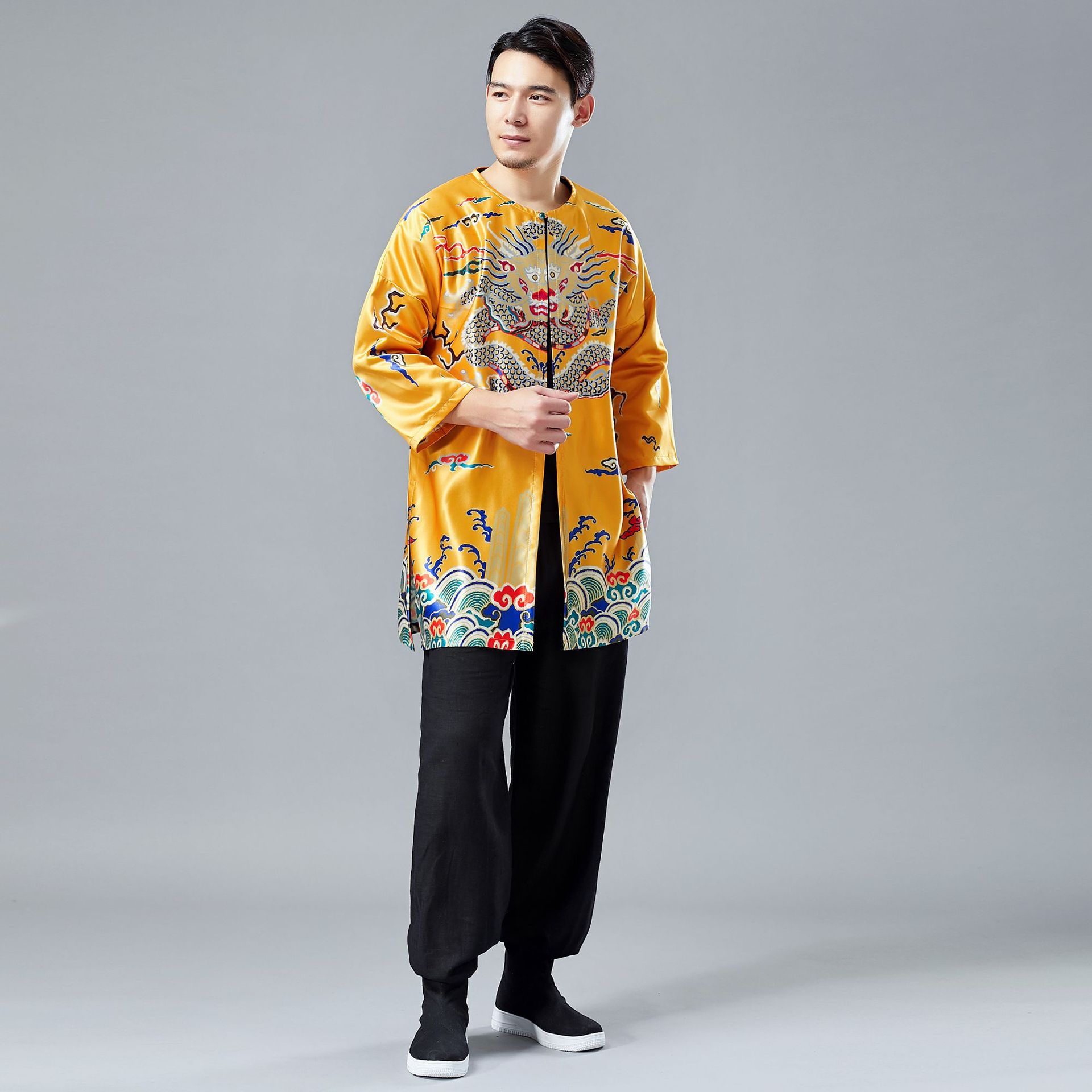 原创春季新款 玉扣龙长衫 复古中国风长衫男装长袖印龙祥云上衣