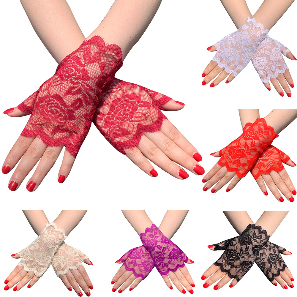 Summer Women‘s Driving Sunscreen Lace Gloves Short Half Finger Scar Cover Gloves Lace Fingerless Gloves