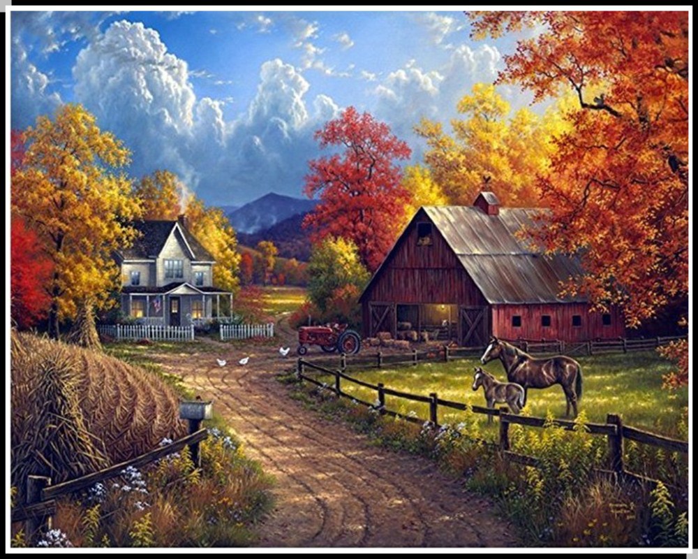 秋天收获的季节风景钻石画 房子农场马匹装饰客厅十字绣贴画批发