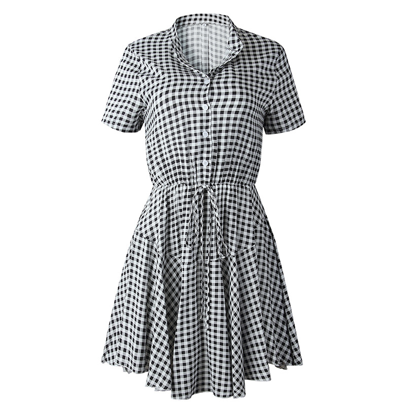 2020春夏女装时尚格纹扣子收腰短袖连衣裙印花纽扣衬衫裙310222