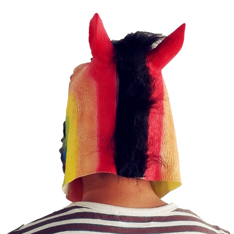 七彩马逼真万圣节派对面具 cos表演动物头套 彩虹马头乳胶面具