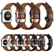适用苹果手表表带apple i watch12345678SE代圆纹鳄鱼真皮手表带