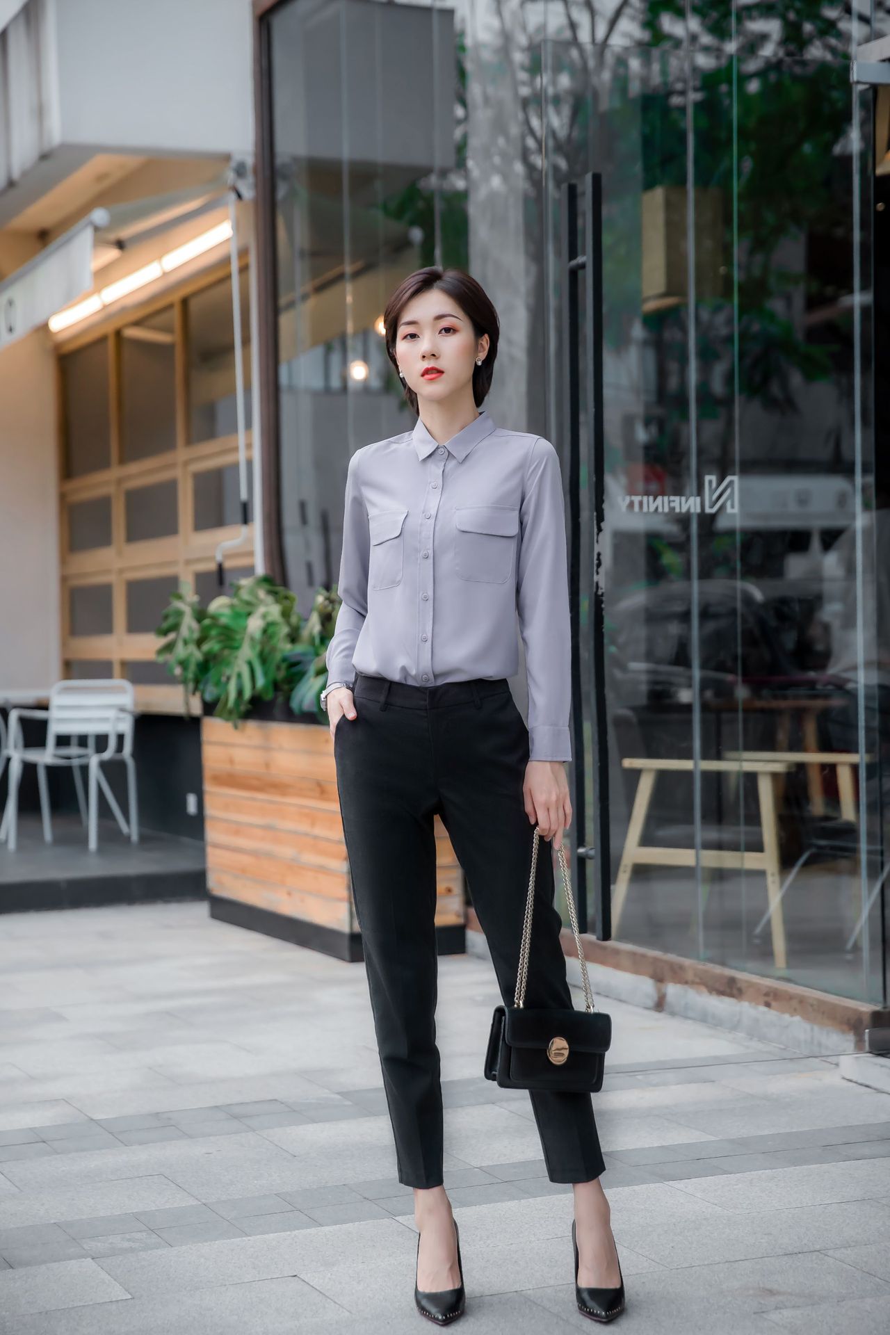 职业装女士衬衣秋冬季修身气质商务经理百搭灰色口袋款雪纺衬衫女