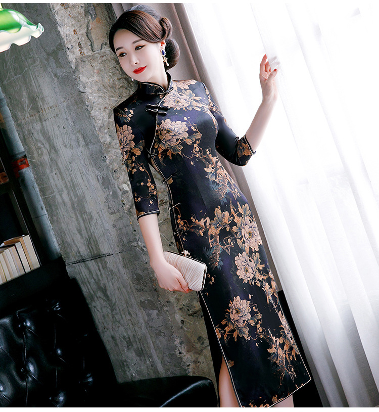 22新款七分袖真丝旗袍 日常改良重磅真丝旗袍高档连衣裙厂家批发