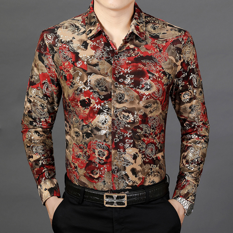 新款中老年男士长袖花衬衫丝光免烫印花衬衣商务休闲爸爸装寸衫