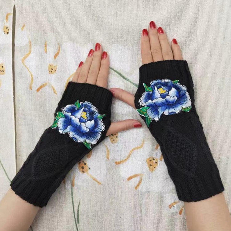 新款民族风刺绣手套 秋冬毛线针织半指手套 舞蹈保暖护腕绣花手套
