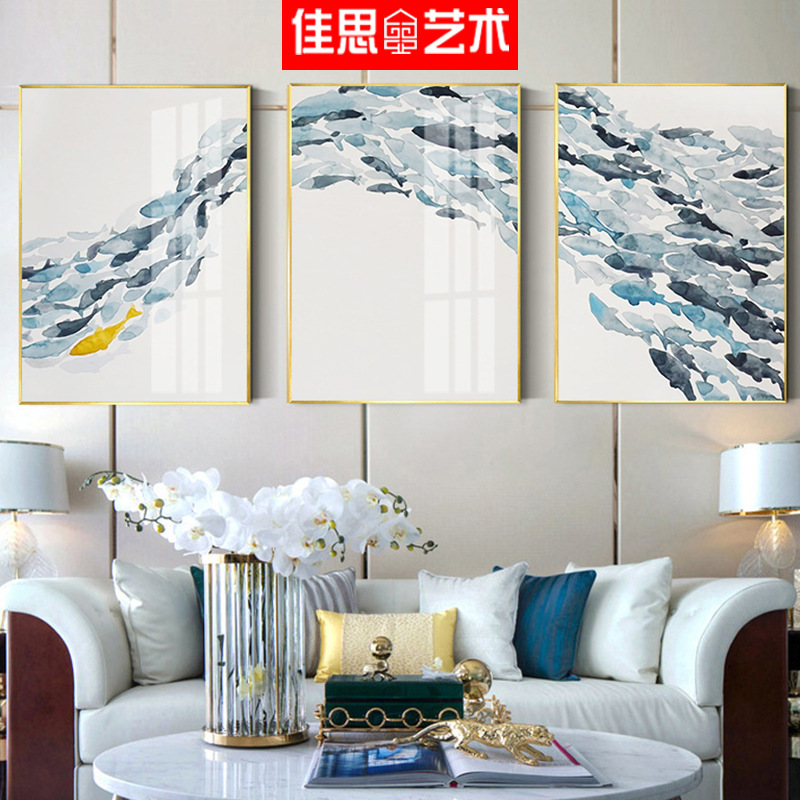 新中式抽象鱼群装饰画 现代简约沙发背景墙三联挂画禅意水墨壁画