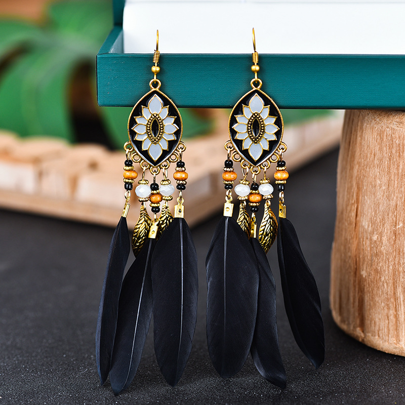 White Feather Earrings Bohemian Style Bead Ear Studs Water Drop Tassel Earrings Female European and American Popular Ornament Wholesale