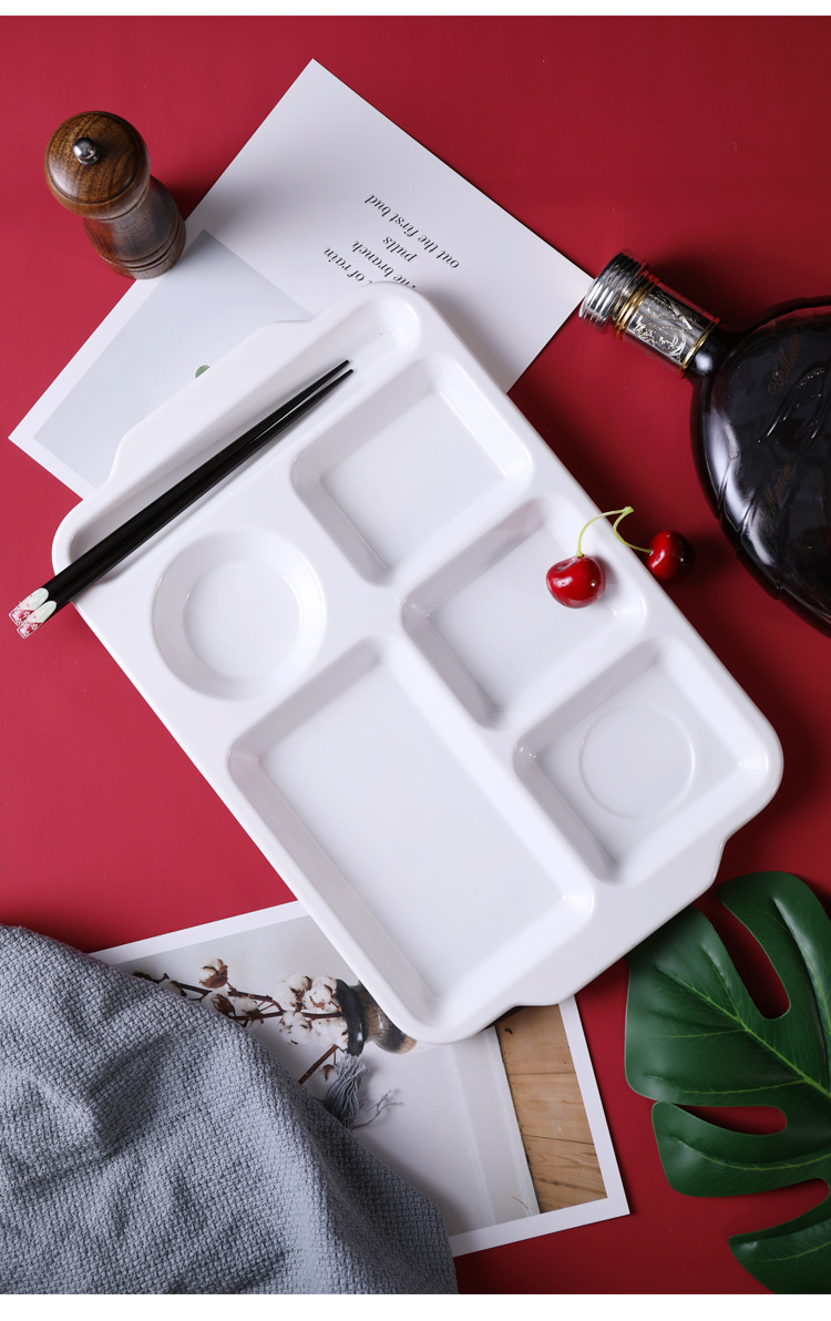 密胺食堂分餐盘白色三格四格六格快餐盘学校饭堂加厚仿瓷自助餐盘