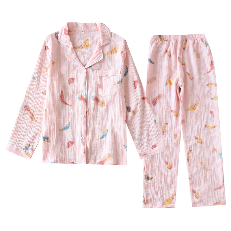 睡衣女士春秋季纯棉纱布绉布休闲秋冬季全棉套装秋天长袖薄家居服