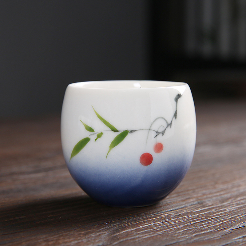 釉下彩手绘茶杯创意功夫茶具复古茶碗主人单杯斗笠品茗杯logo定制