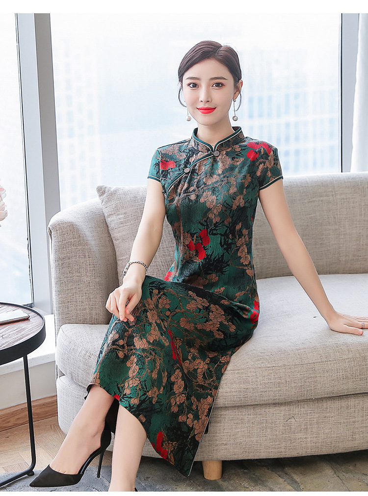 2019夏季新款真丝连衣裙女短袖中长款香云纱改良旗袍修身显瘦大码