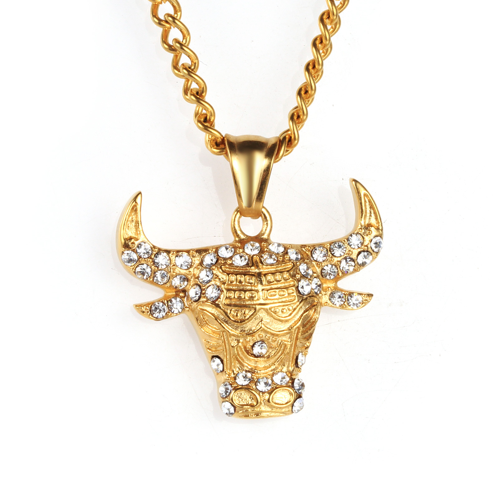跨境电商饰品批发 男士牛头不锈钢项链 嘻哈金色牛钛钢吊坠