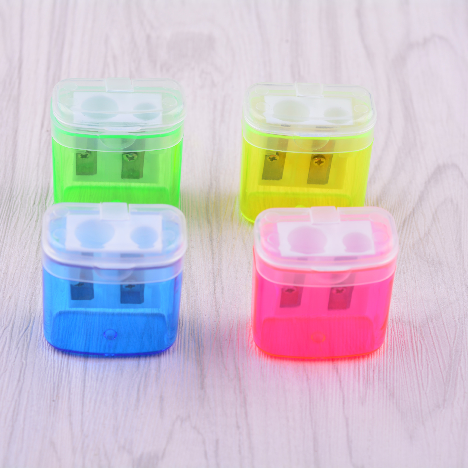 Double Hole with Lid Plastic Pencil Sharpener Square Penknife Pencil Sharpener Transparent Printable Logo Cross-Border Factory Direct Sales