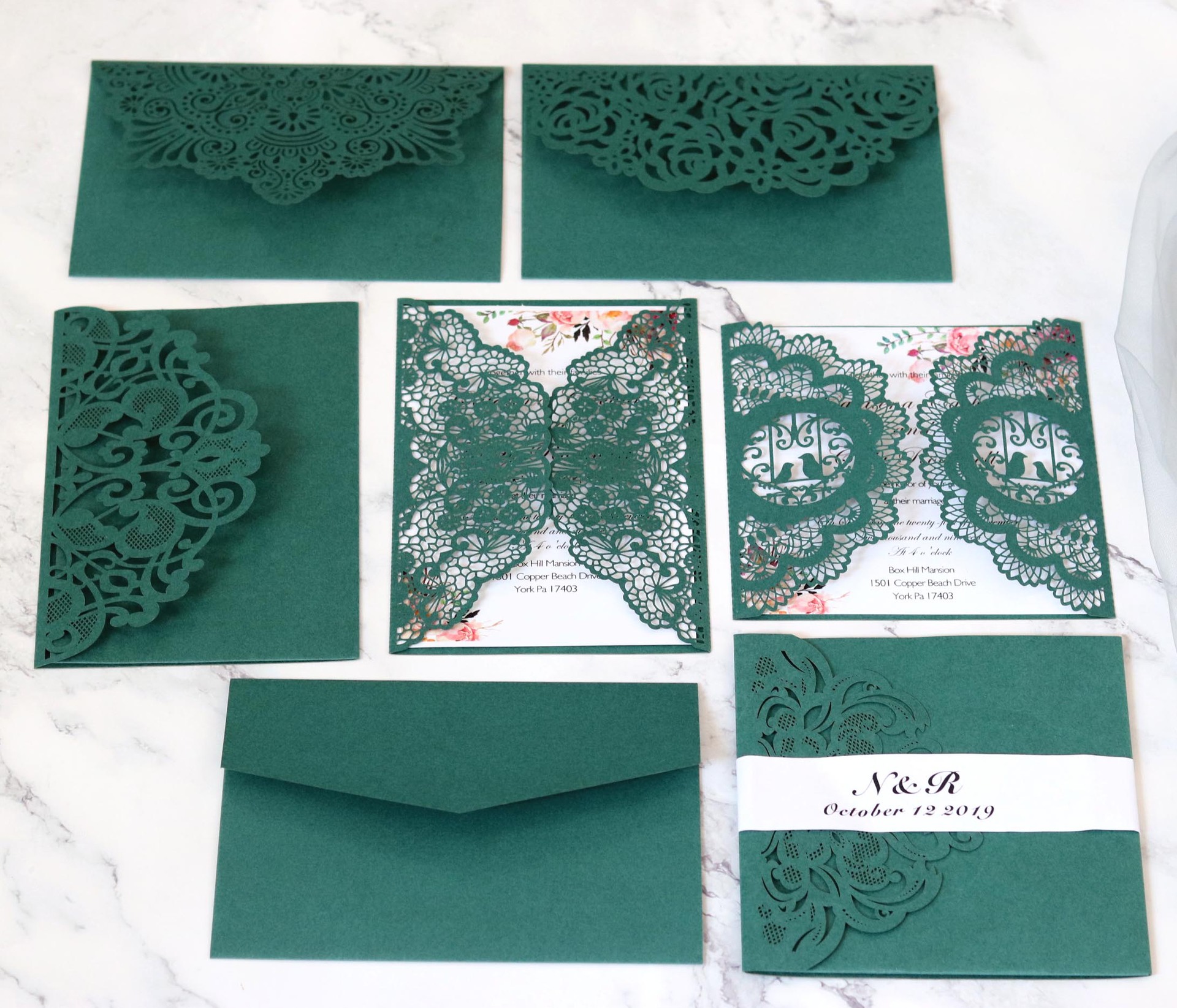 墨绿深绿激光镂空节日结婚深酒红色贺卡立体请柬漂亮邀请函
