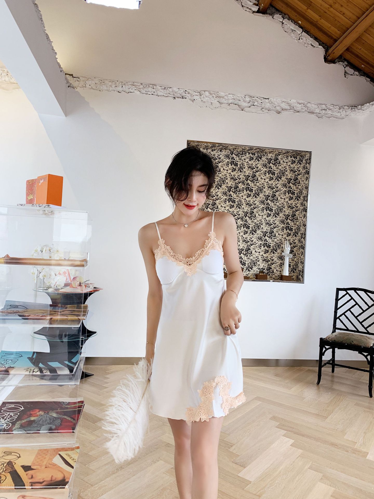 Nightdress Women's Summer Thin Ice Silk Sexy Women's Sling Pajamas Summer Silk Home Wear Summer with Chest Pad 137